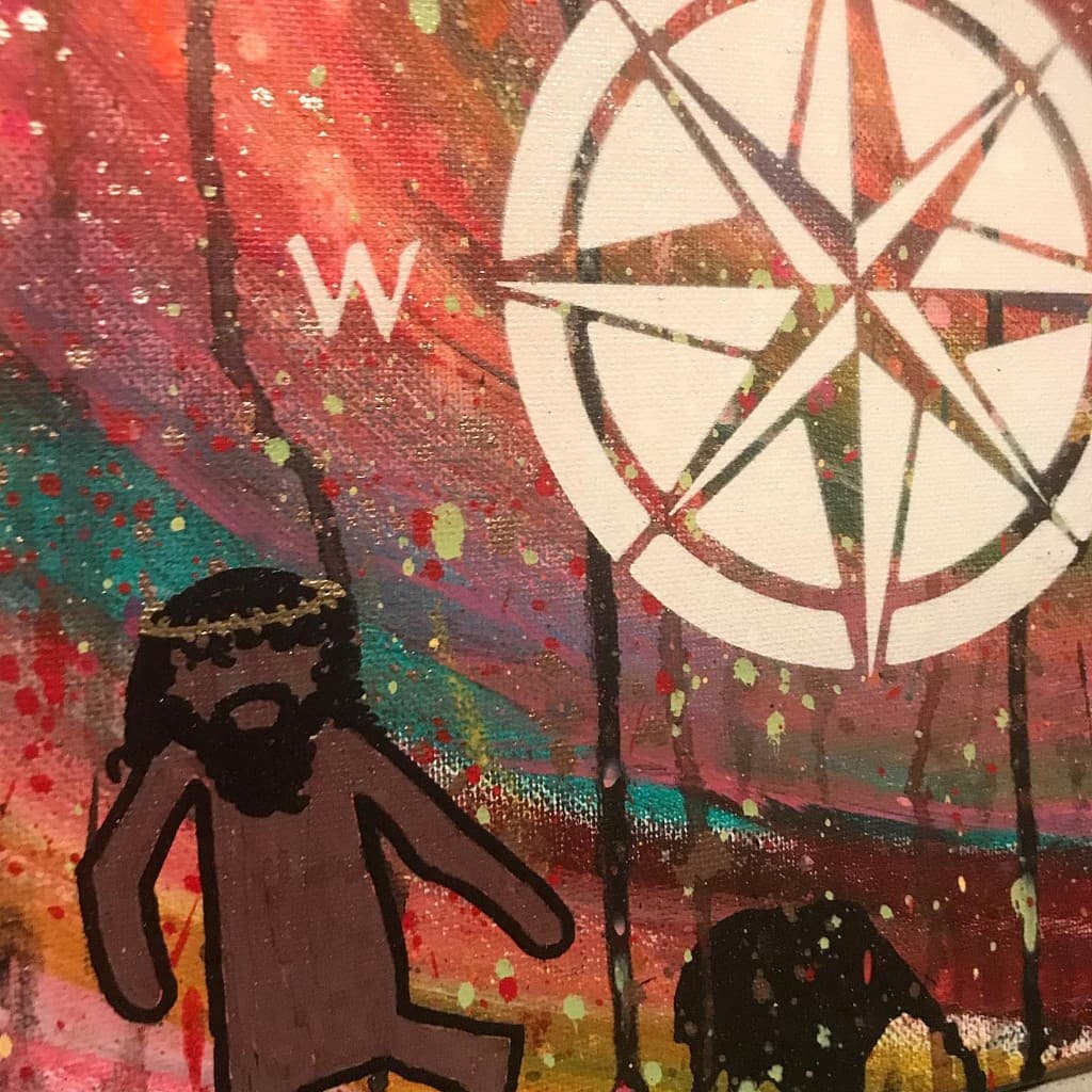 Black Jesus figure with crown of thorns and compass star in Kanye West inspired mixed-media art