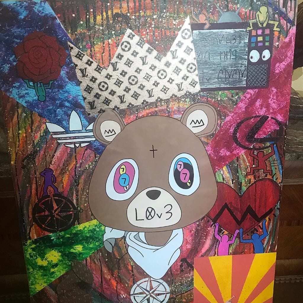 Close-up of Kanye West Dropout Bear face with Takashi Murakami-inspired eyes and LOv3 text