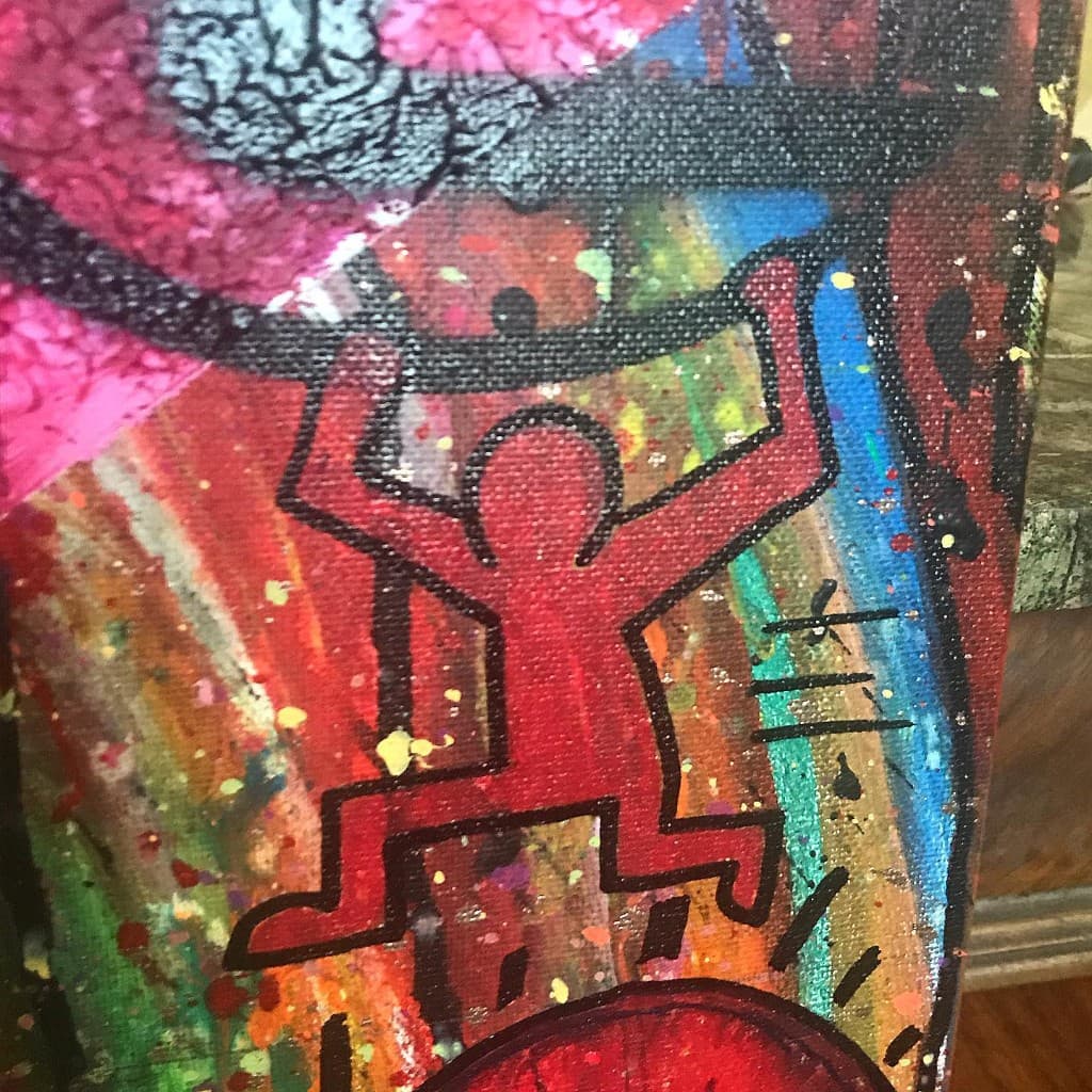 Red Keith Haring figure carrying Lexus logo referencing Kanye West 2002 car accident Through the Wire