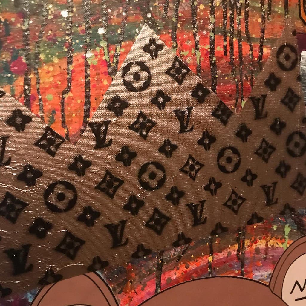 Louis Vuitton monogram pattern forming mountain peaks above the Dropout Bear in Kanye West tribute art