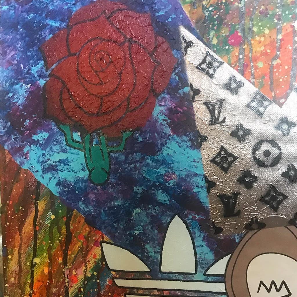 Textured red rose referencing Kanye West song Roses with Adidas trefoil logo